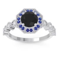 Black Onyx Engagement Ring In Palladium With Blue Sapphire And Diamond - Devalaya Round Antique Ring