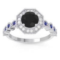 Black Onyx Ring In Palladium With Diamond And Blue Sapphire Devalaya Round Antique Ring