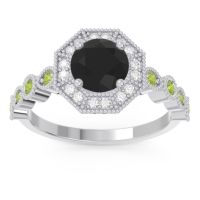 Black Onyx Ring In 18k White Gold With Lab Diamond And Peridot Devalaya Round Antique Ring