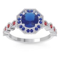 Lab Blue Sapphire Ring In Palladium With Blue Sapphire And Ruby Devalaya Round Antique Ring