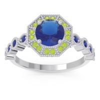 Lab Blue Sapphire Ring In Palladium With Peridot And Blue Sapphire Devalaya Round Antique Ring
