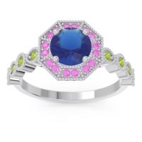 Lab Blue Sapphire Ring In Palladium With Pink Tourmaline And Peridot Devalaya Round Antique Ring