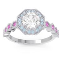 Lab Diamond Ring In 14k White Gold With Aquamarine And Pink Tourmaline Devalaya Round Antique Ring