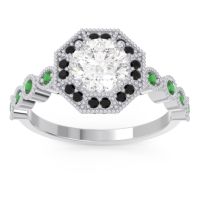 Lab Diamond Ring In 14k White Gold With Black Onyx And Emerald Devalaya Round Antique Ring