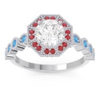 Lab Diamond Ring In 14k White Gold With Ruby And Swiss Blue Topaz Devalaya Round Antique Ring