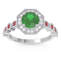 Lab Emerald Ring In 14k White Gold With Diamond And Ruby Devalaya Round Antique Ring