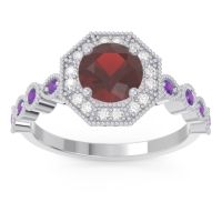 Garnet Ring In 18k White Gold With Lab Diamond And Amethyst Devalaya Round Antique Ring