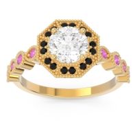 Lab Diamond Ring In 14k Yellow Gold With Black Onyx And Pink Tourmaline Devalaya Round Antique Ring