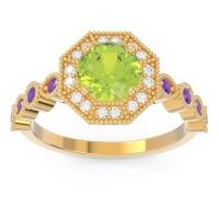 Peridot Ring In 18k Yellow Gold With Diamond And Amethyst Devalaya Round Antique Ring