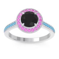 Black Onyx Ring In 14k White Gold With Pink Tourmaline And Swiss Blue Topaz Vitvaksana Round Halo Ring