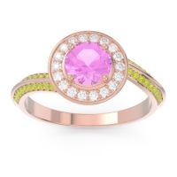 Pink Tourmaline Ring In 14K Rose Gold With Diamond And Peridot Azraya Round Halo Ring