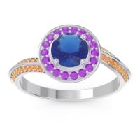 Blue Sapphire Ring In Palladium With Amethyst And Citrine Azraya Round Halo Ring