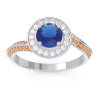 Blue Sapphire Ring In Platinum With Lab Diamond And Citrine Azraya Round Halo Ring