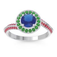 Blue Sapphire Ring In 14k White Gold With Emerald And Ruby Azraya Round Halo Ring