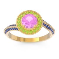 Pink Tourmaline Ring In 14k Yellow Gold With Peridot And Blue Sapphire Azraya Round Halo Ring