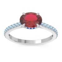 Lab Ruby Ring In Palladium With Blue Sapphire And Aquamarine Mahavisa Oval Classic Ring