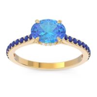 Swiss Blue Topaz Ring In 18k Yellow Gold With Lab Diamond And Blue Sapphire Mahavisa Oval Classic Ring