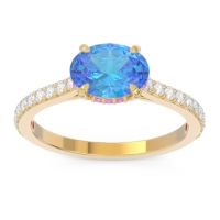 Swiss Blue Topaz Ring In 14k Yellow Gold With Pink Tourmaline And Lab Diamond Mahavisa Oval Classic Ring