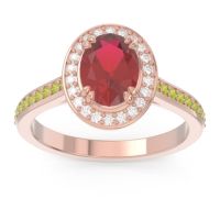 Lab Ruby Ring In 14K Rose Gold With Diamond And Peridot Oni Oval Halo Ring