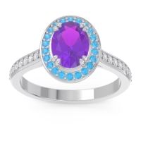 Amethyst Engagement Ring In 14k White Gold With Swiss Blue Topaz And Diamond - Oni Oval Halo Ring