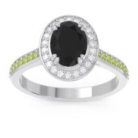 Black Onyx Ring In 14k White Gold With Diamond And Peridot Oni Oval Halo Ring