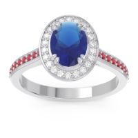 Lab Blue Sapphire Ring In 14k White Gold With Lab Diamond And Ruby Oni Oval Halo Ring