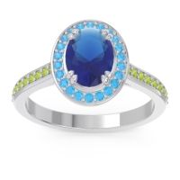 Lab Blue Sapphire Ring In Palladium With Swiss Blue Topaz And Peridot Oni Oval Halo Ring