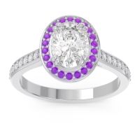 Diamond Ring In 14k White Gold With Amethyst And Lab Diamond Oni Oval Halo Ring