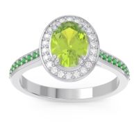 Peridot Ring In Palladium With Diamond And Emerald Oni Oval Halo Ring