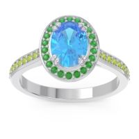 Swiss Blue Topaz Ring In 14k White Gold With Emerald And Peridot Oni Oval Halo Ring