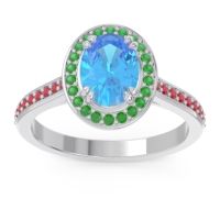 Swiss Blue Topaz Ring In 14k White Gold With Emerald And Ruby Oni Oval Halo Ring