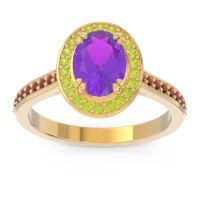 Amethyst Ring In 14k Yellow Gold With Peridot And Garnet Oni Oval Halo Ring