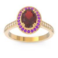Garnet Engagement Ring In 18k Yellow Gold With Amethyst And Diamond - Oni Oval Halo Ring