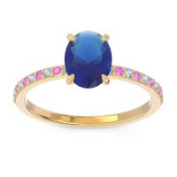 Lab Blue Sapphire Ring In 14k Yellow Gold With Aquamarine And Pink Tourmaline Presya Oval Classic Ring