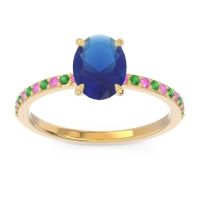 Lab Blue Sapphire Ring In 14k Yellow Gold With Pink Tourmaline And Emerald Presya Oval Classic Ring