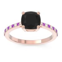Black Onyx Ring In 18K Rose Gold With Lab Diamond And Amethyst Opaza Cushion Classic Ring