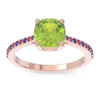 Peridot Ring In 18K Rose Gold With Blue Sapphire And Ruby Opaza Cushion Classic Ring