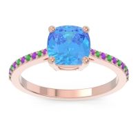 Swiss Blue Topaz Ring In 14K Rose Gold With Amethyst And Emerald Opaza Cushion Classic Ring