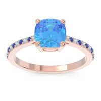 Swiss Blue Topaz Ring In 14K Rose Gold With Aquamarine And Blue Sapphire Opaza Cushion Classic Ring