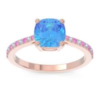 Swiss Blue Topaz Ring In 14K Rose Gold With Pink Tourmaline And Aquamarine Opaza Cushion Classic Ring