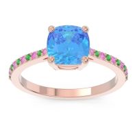 Swiss Blue Topaz Ring In 18K Rose Gold With Pink Tourmaline And Emerald Opaza Cushion Classic Ring