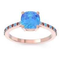 Swiss Blue Topaz Ring In 18K Rose Gold With Garnet Opaza Cushion Classic Ring