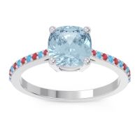 Aquamarine Ring In Platinum With Ruby And Swiss Blue Topaz Opaza Cushion Classic Ring
