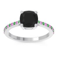 Black Onyx Ring In Platinum With Emerald And Pink Tourmaline Opaza Cushion Classic Ring