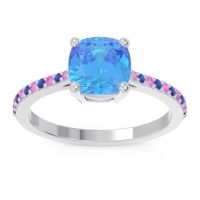 Swiss Blue Topaz Ring In Palladium With Pink Tourmaline And Blue Sapphire Opaza Cushion Classic Ring