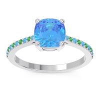 Swiss Blue Topaz Ring In Palladium With Emerald Opaza Cushion Classic Ring
