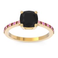 Black Onyx Ring In 18k Yellow Gold With Pink Tourmaline And Garnet Opaza Cushion Classic Ring