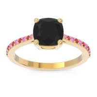 Black Onyx Ring In 18k Yellow Gold With Pink Tourmaline And Ruby Opaza Cushion Classic Ring