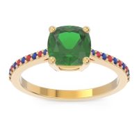 Lab Emerald Ring In 18k Yellow Gold With Blue Sapphire And Ruby Opaza Cushion Classic Ring