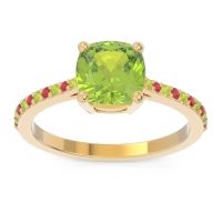 Peridot Ring In 14k Yellow Gold With Ruby Opaza Cushion Classic Ring